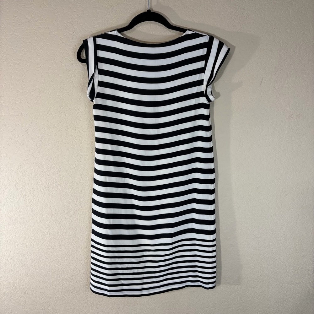 1971 Reiss Josephine Black White Striped 100% Silk Shift Dress Sz 0 Quiet Luxury - Picture 5 of 9